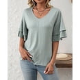 thumbnail image 2 of Womens V-Neck Tops Dressy Double Layer Bell Sleeve 3/4 Length Ruffle Sleeve T Shirts Bean Green XXL, 2 of 8
