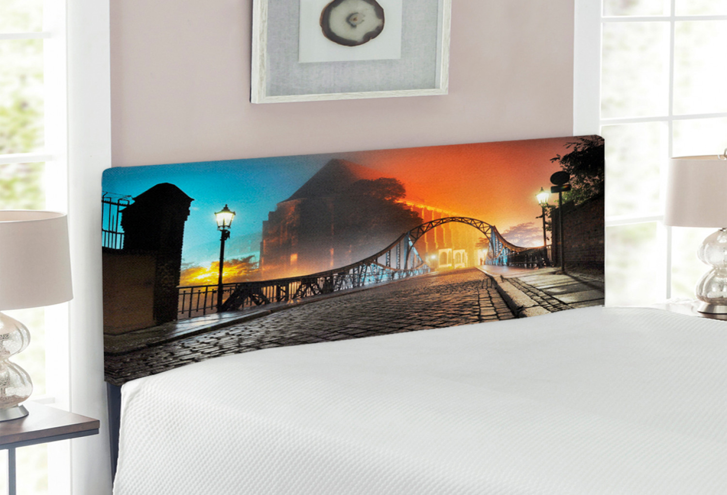 Landscape Headboard, Modern City Bridge at Night with Sightseeing Urban Theme Landscape, Upholstered Decorative Metal Bed Headboard with Memory Foam, Full Size, Grey Orange, by Ambesonne - image 2 of 4