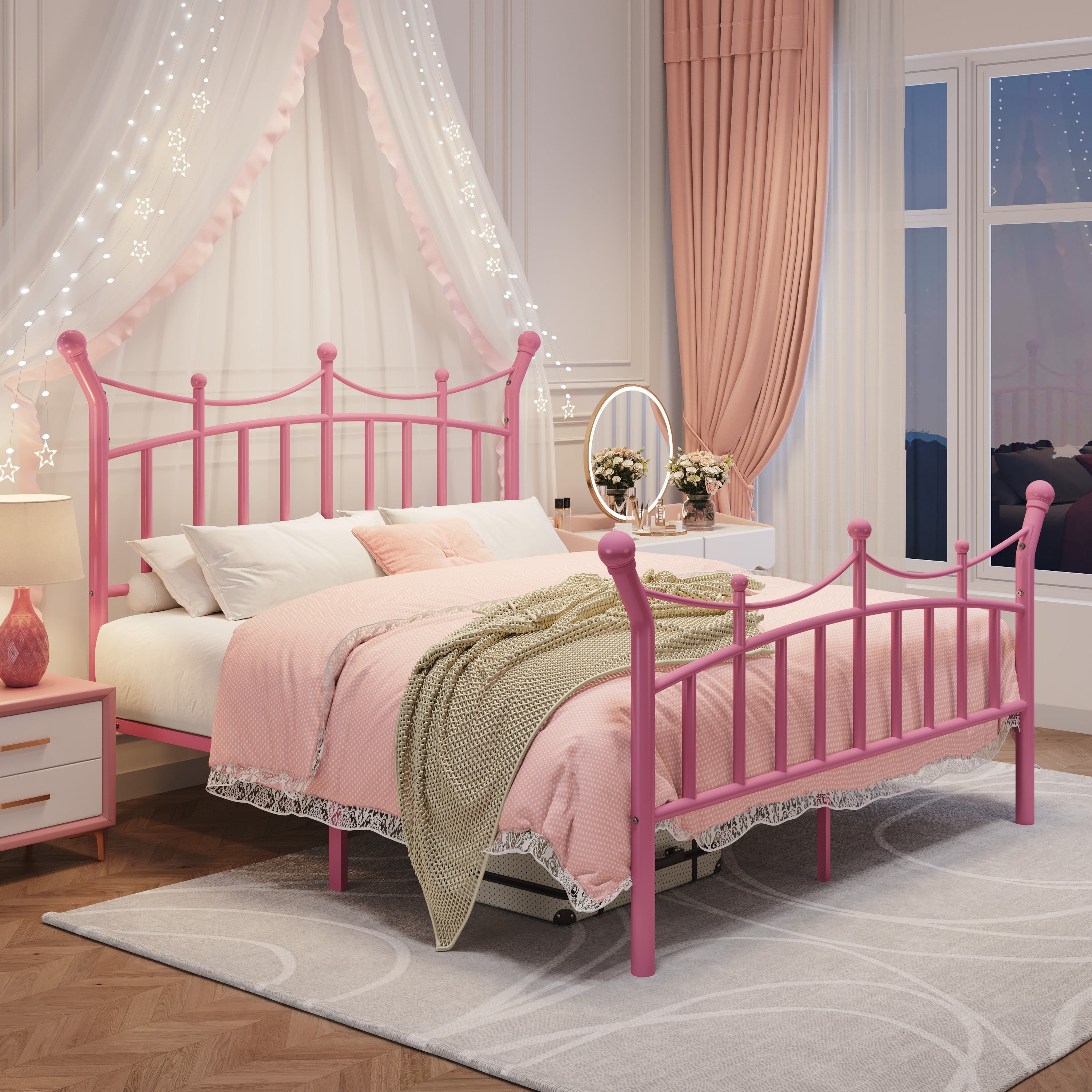 Amolife Full Bed Frame, Metal Platform Bed with Crown-Shaped Headboard and Footboard, 12.6'' Under-Bed Storage Space, No Box Spring Needed, Pink