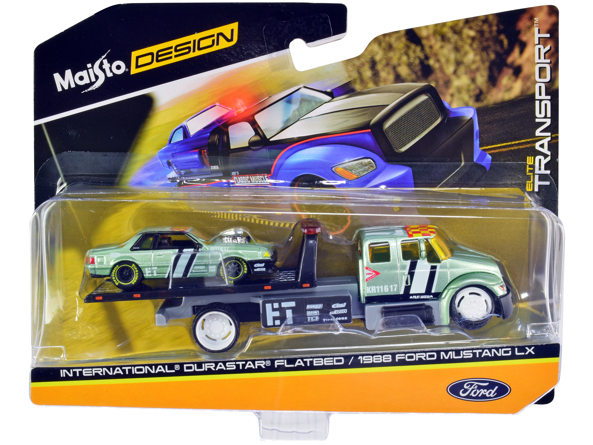 International DuraStar Flatbed Truck #17 and 1988 Ford Mustang LX #17 Light Green Metallic with Stripes and Graphics "Elite Transport" Series 1/64 Diecast Models by Maisto