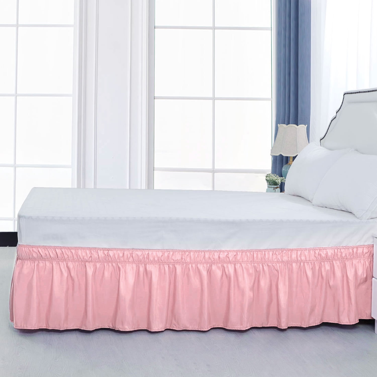 Unique Bargains Elastic Dust Ruffled Bed Skirt with 15" Drop Queen Light Pink
