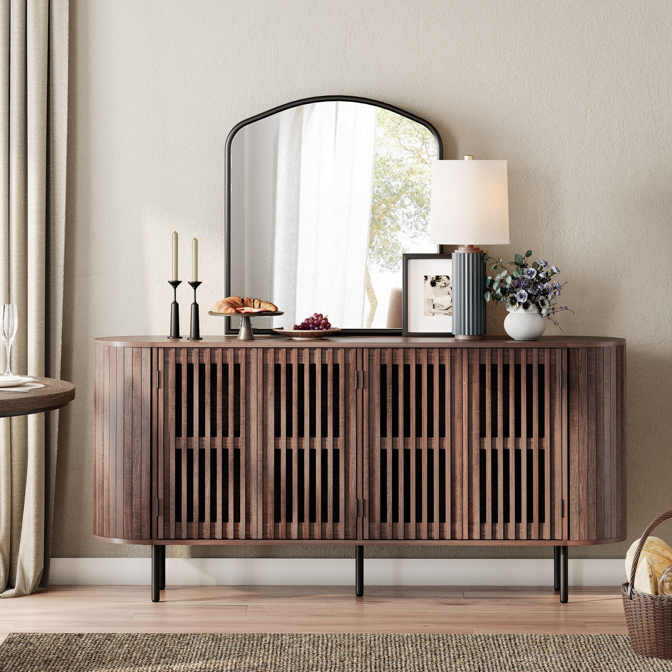 FITUEYES 64" Sideboard Buffet Cabinet with 4 Storage Compartments, Modern Curved Design Coffee Bar Cabinet for Living Room, Dining Room & Entryway, Walnut