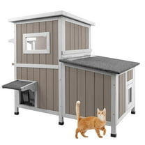 Gowoodhut 36.1" L Outdoor Cat House, 2 Story Wooden Outdoor Cat Shelter with 3 Escape Doors