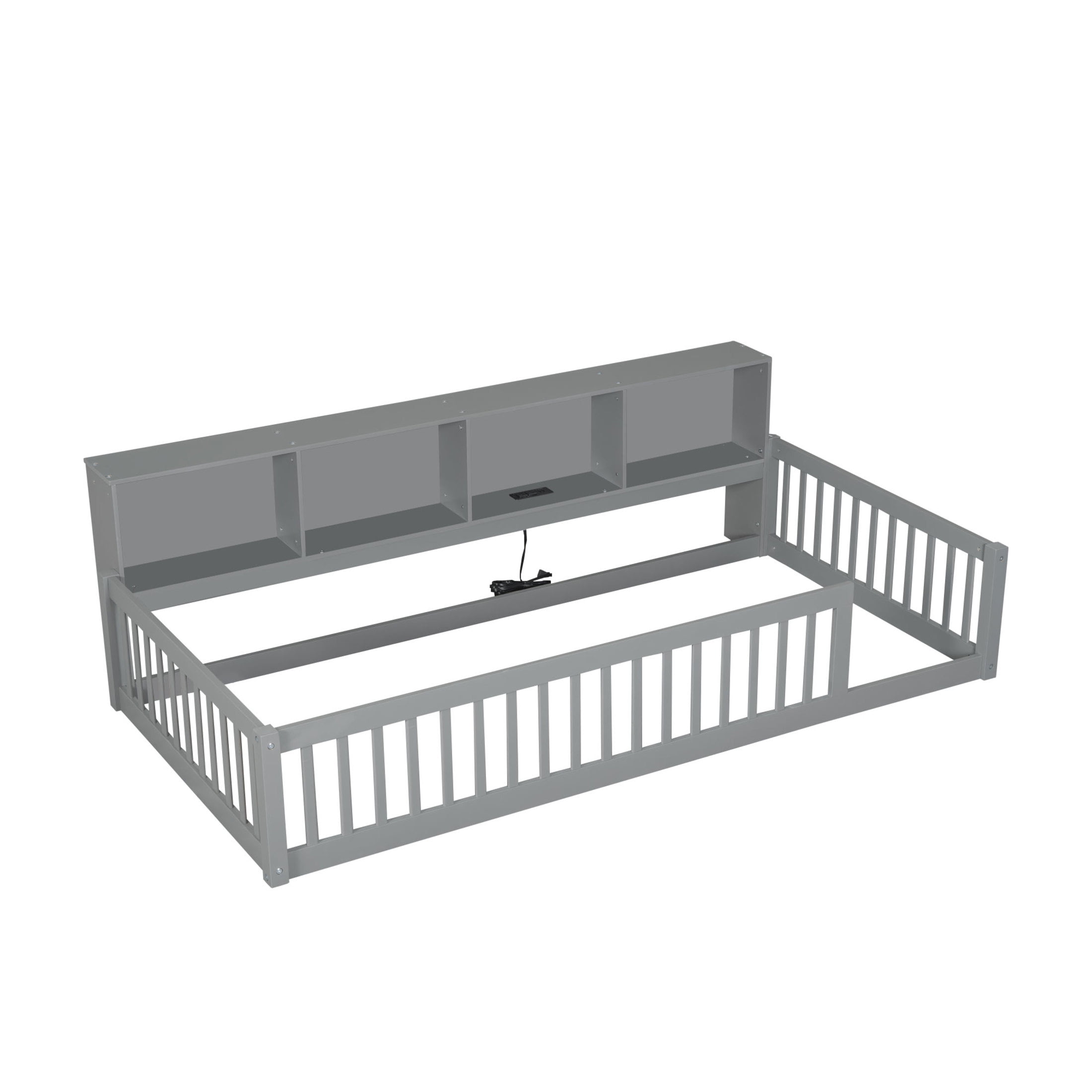 Noble House Twin XL Wood Floor Bed with Storage Cabinets and USB Charging Station, Space Saving Design, Gray