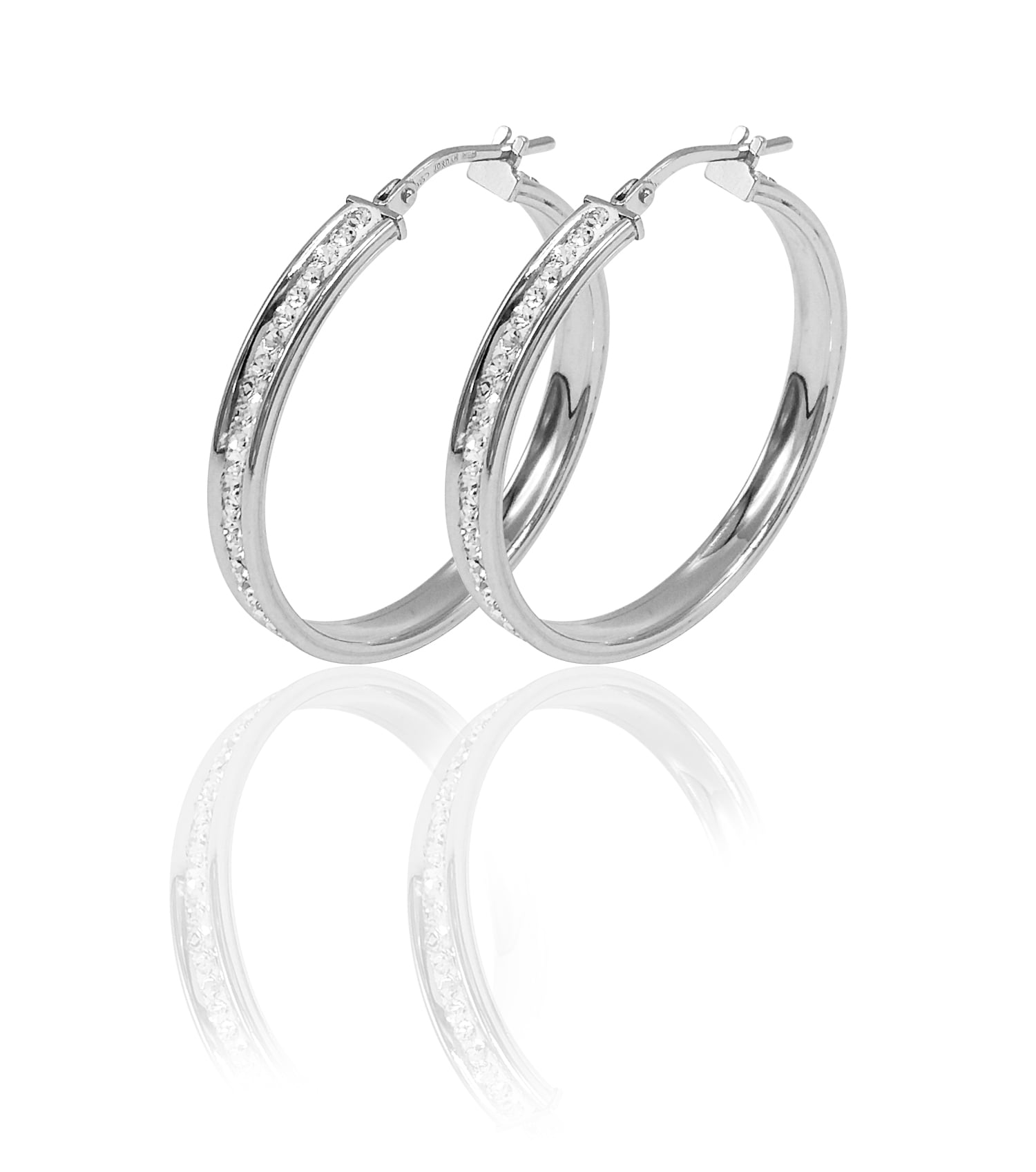 Brilliance Fine Jewelry Rhodium Plated Sterling Silver Classic Crystal Round Hoop Earring, Youth to Adult
