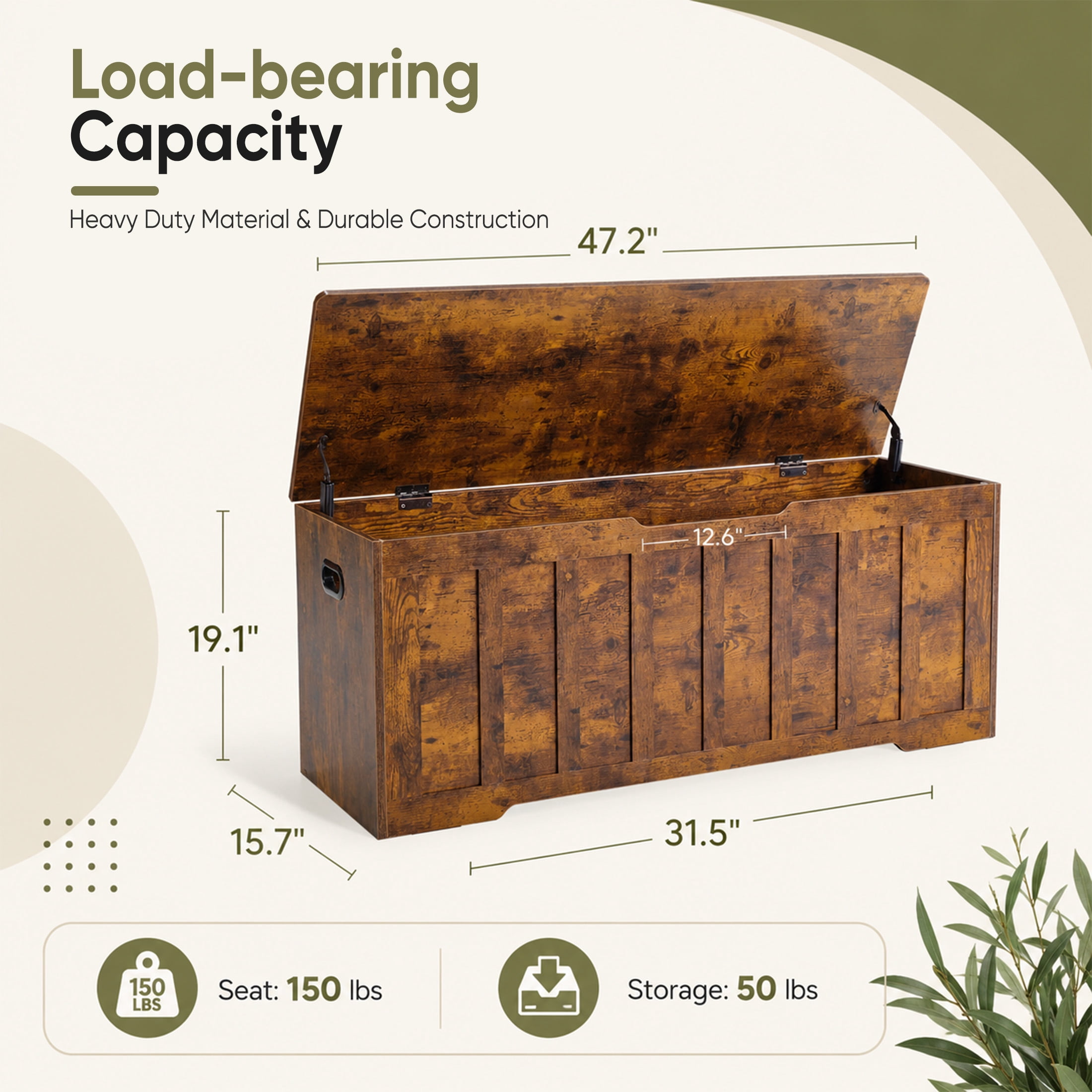 Gianna Storage Bench, Wooden Storage Cabinet with 2 Safety Hinges, Toy Chest for Living Room Bedroom, Non-Slip Bottom, Support 150lbs, Easy Assembly, 47.2"x15.7"x19.1", Rust Brown