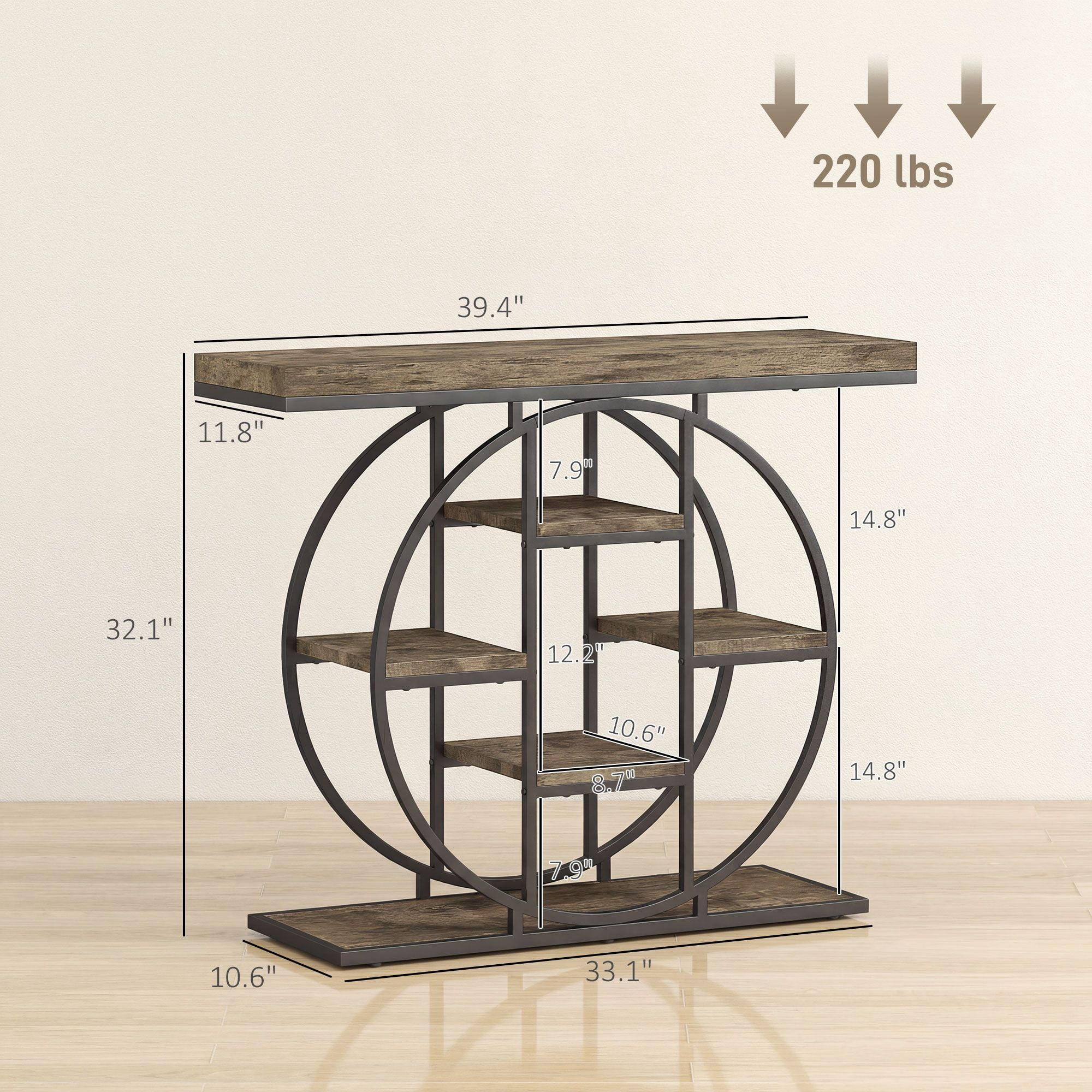 39.4" Console Table with Storage Shelves, Industrial Sofa Table for Living Room, Hallway, Rustic Oak