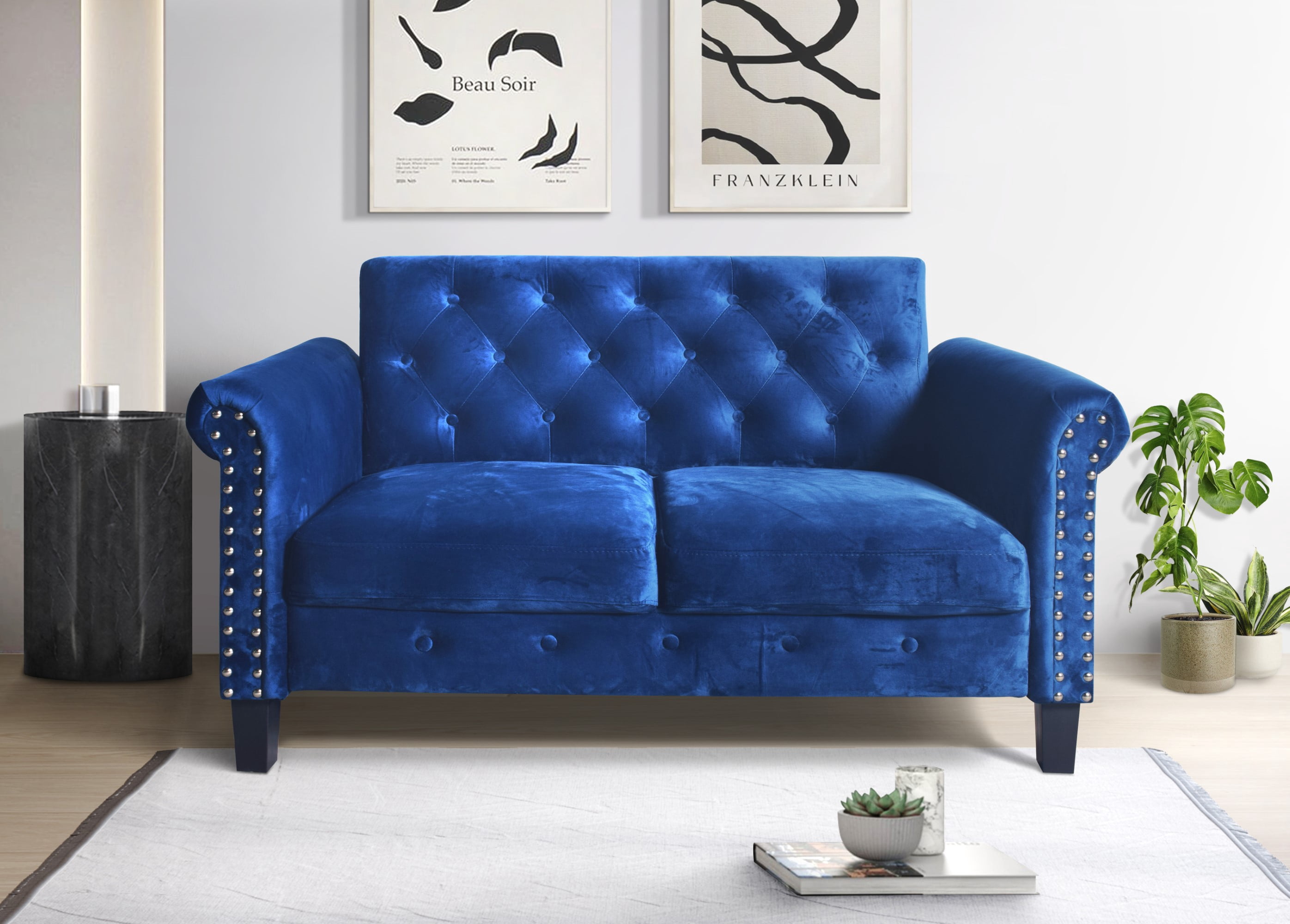 Home Design Casper 2-Piece Velvet Living Room Set with Loveseat and Sofa, Rolled Arms, Nailhead Trim, Navy Blue, Adult