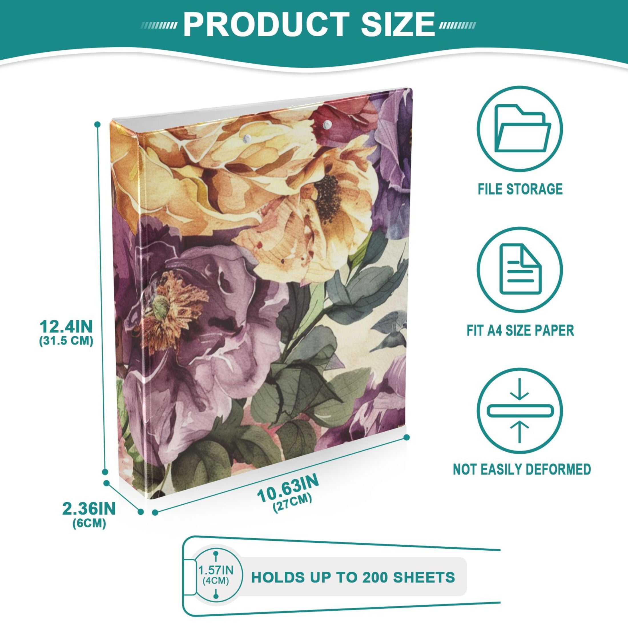 Blooming Flowers 3 Ring Binders 1.5 inch Hardcover File Folders with Interior Pockets A4 Size Organizer for School Office Hospital