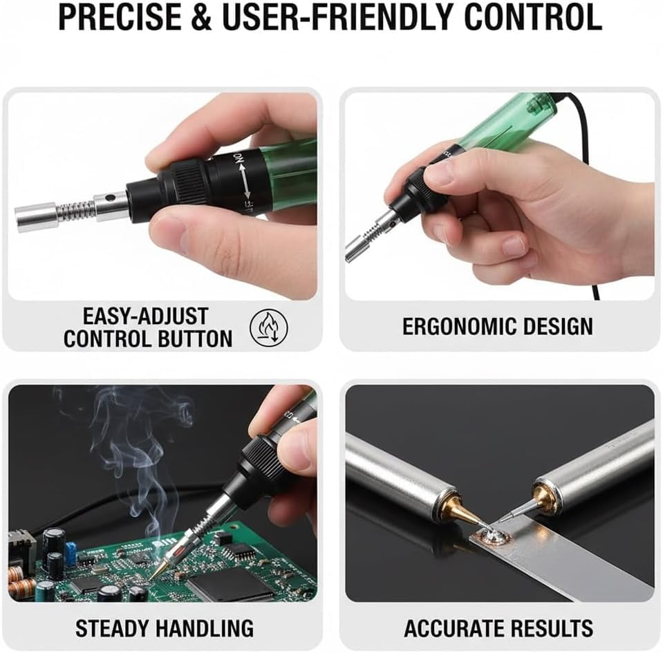 4 in 1 Portable Soldering Iron Kit, Cordless Adjustable Butane Gas Soldering Iron Kit, Mini Refillable Flame Tool with Safety Lock & Fast Heating Lightweight, for Electronics Repair (Set D)