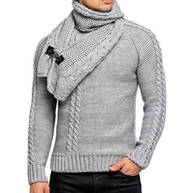 Suéter de punto para hombre, jersey ajustado desmontable con bufanda de manga larga para hombre de Europa y Estados Unidos