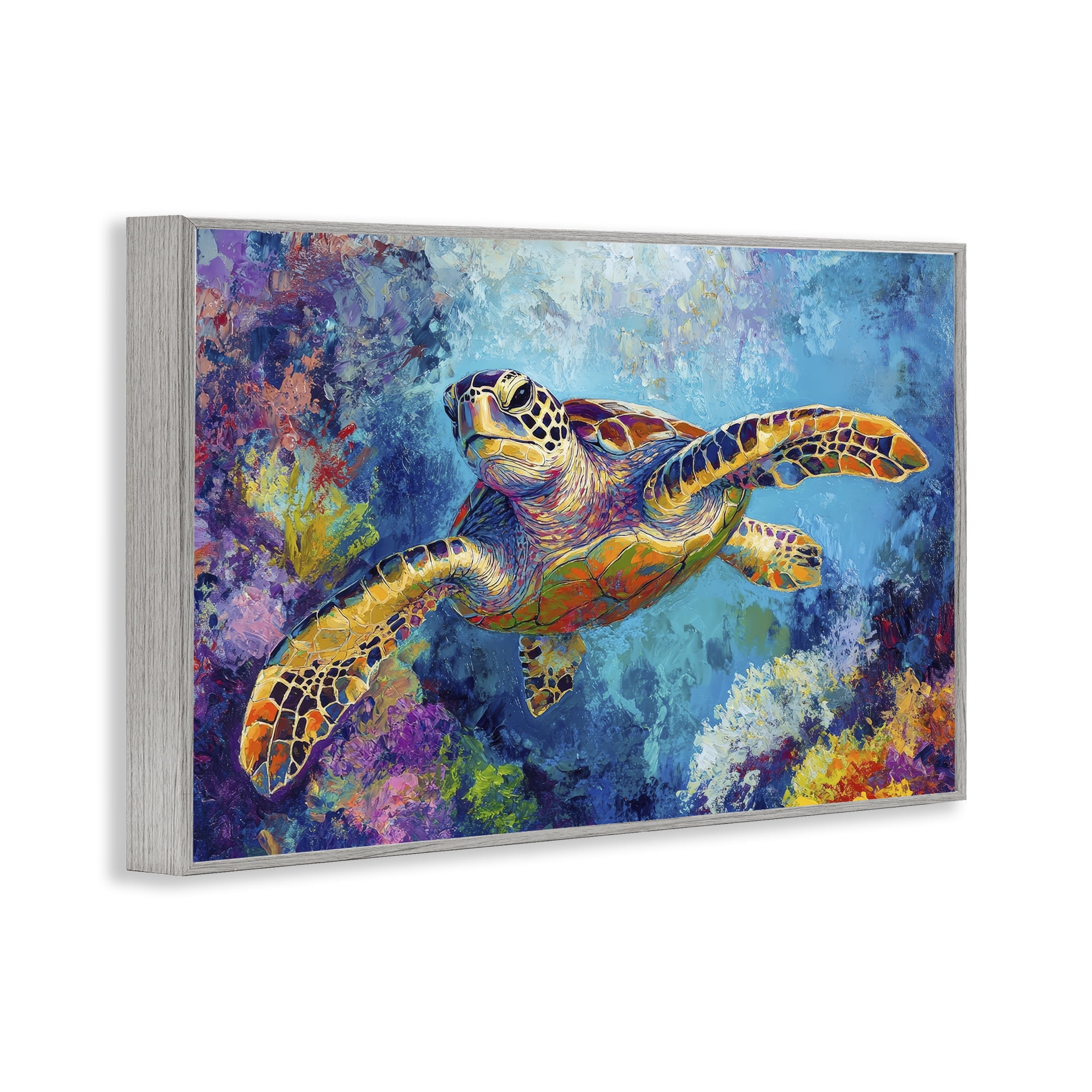 Stupell Industries Colorful Sea Turtle over Coral Gray Framed Giclee Art, design by Petal Prints Design