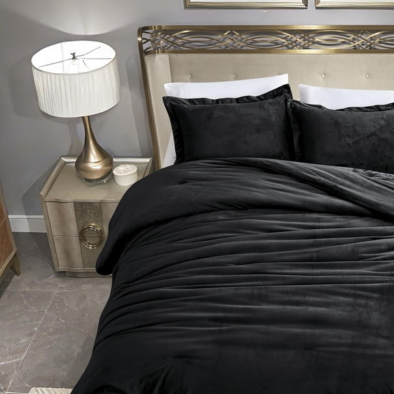 Black Queen Size 3-Piece Reversible Fluffy Comforter Bedding Set