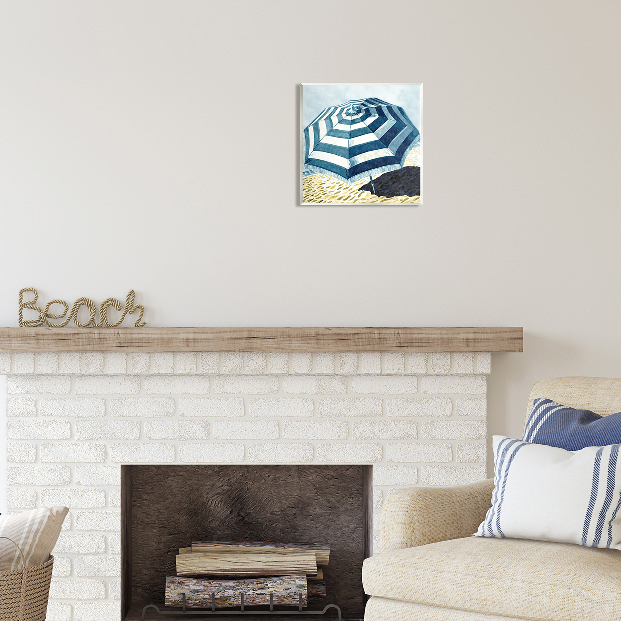 Stupell Industries Striped Beach Umbrella Landscape Painting Unframed Art Print Wall Art, 12 x 12