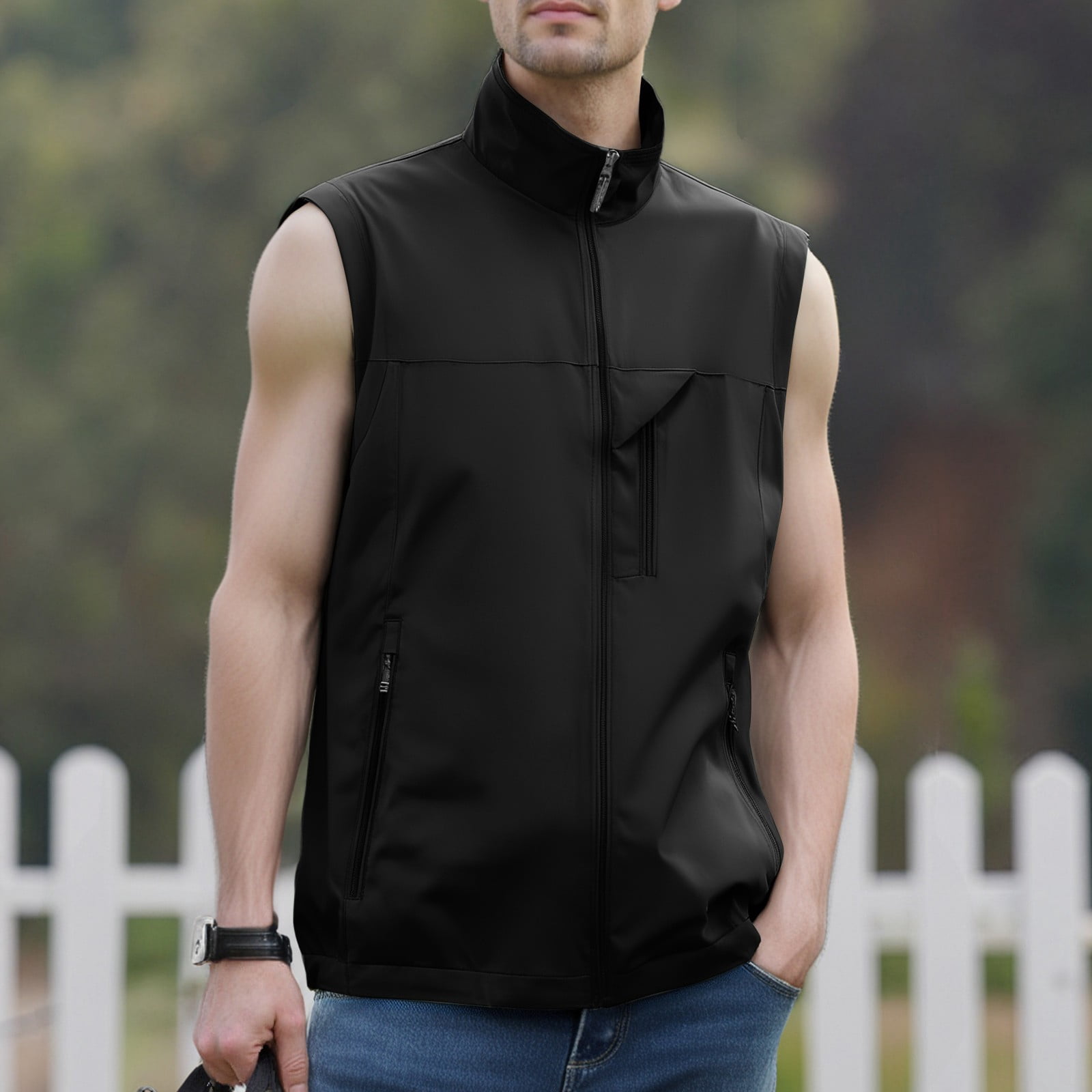 Men's Windproof Lightweight Golf Vest Softshell Sleeveless Jacket with Pockets for Running Hiking Sports Spring Fall,Black,L