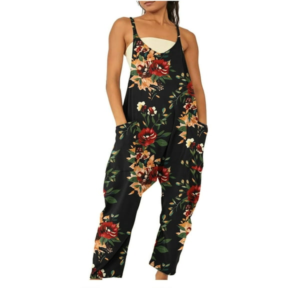 Ecqkame Women's Patchwork Dual Pocket Jumpsuit Casual Loose Baggy Pocket Jumpsuit Fashion Playsuit Trousers Overalls Sling Jumpsuit Black M Clearance Items