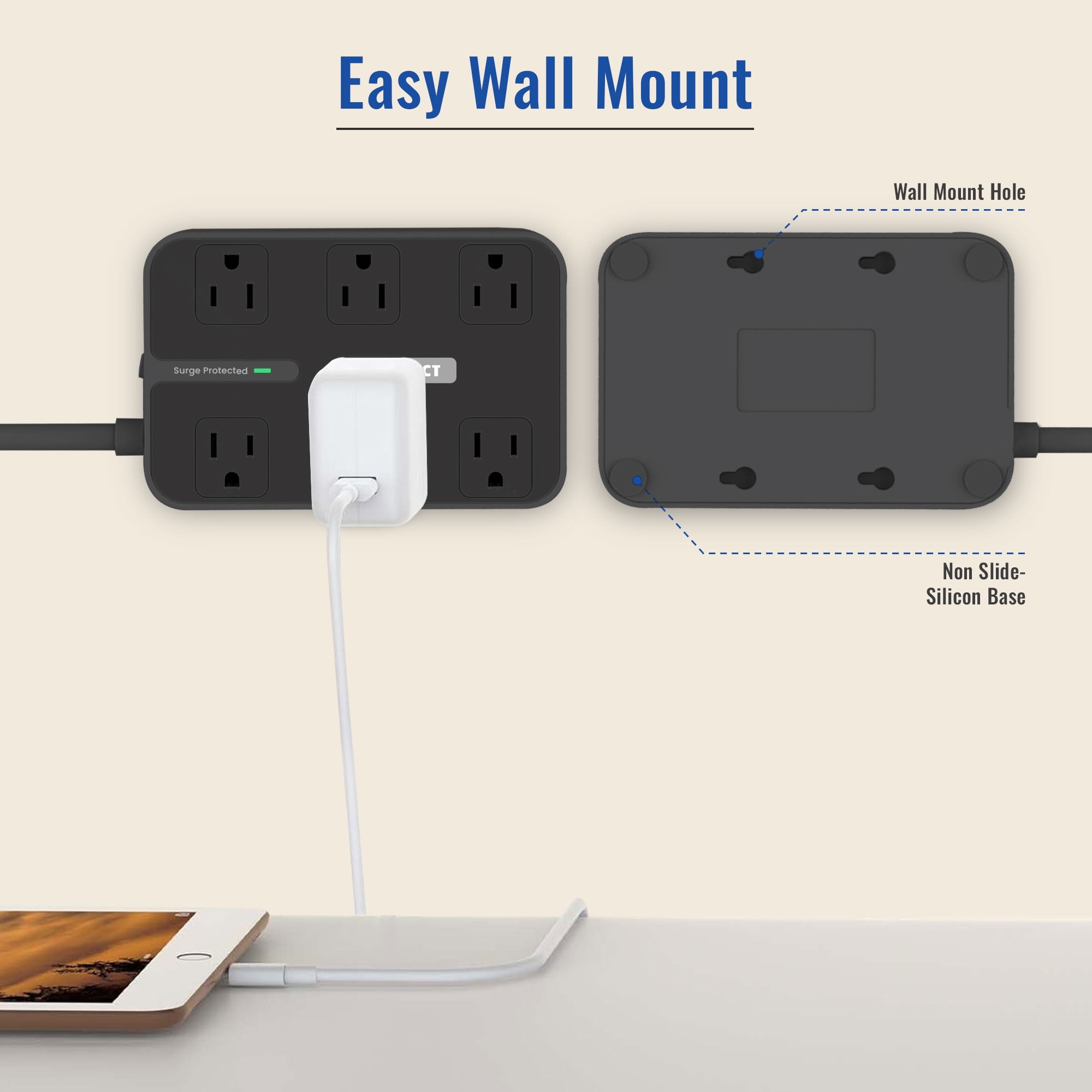 GANNECT 6 Outlet Surge Protector with USB C, 3 USB-A