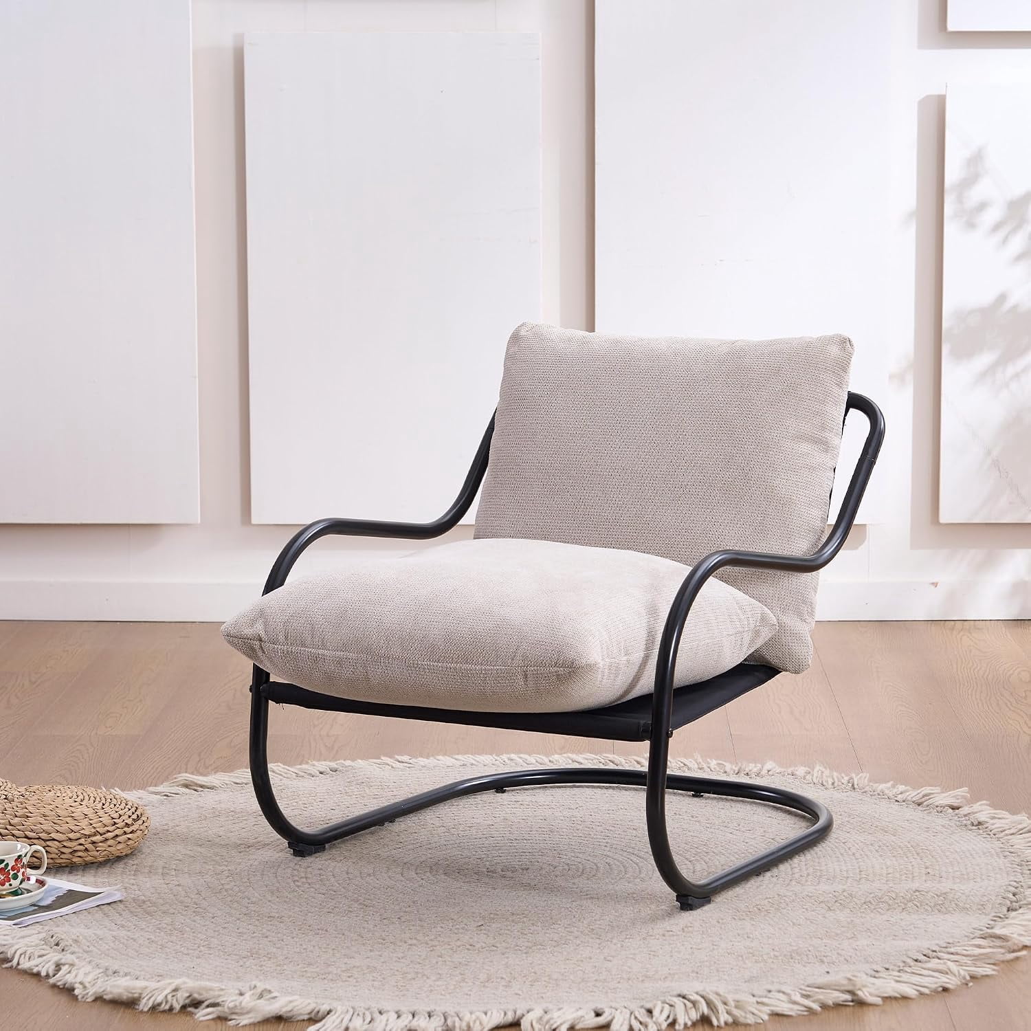 Beige Accent Chair, Modern Upholstered Chair with Cotton Fabric Cushion & Sturdy Metal Frame, Comfy Accent Chair for Living Room, Bedroom, Balcony, Small Reading Chair