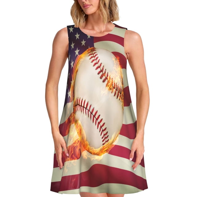 Bixox Robe Sans Manches à Imprimé Drapeau Ballon de Baseball pour Femmes avec Poches, Robe Décontractée Longueur Genou pour l'Été-3TG
