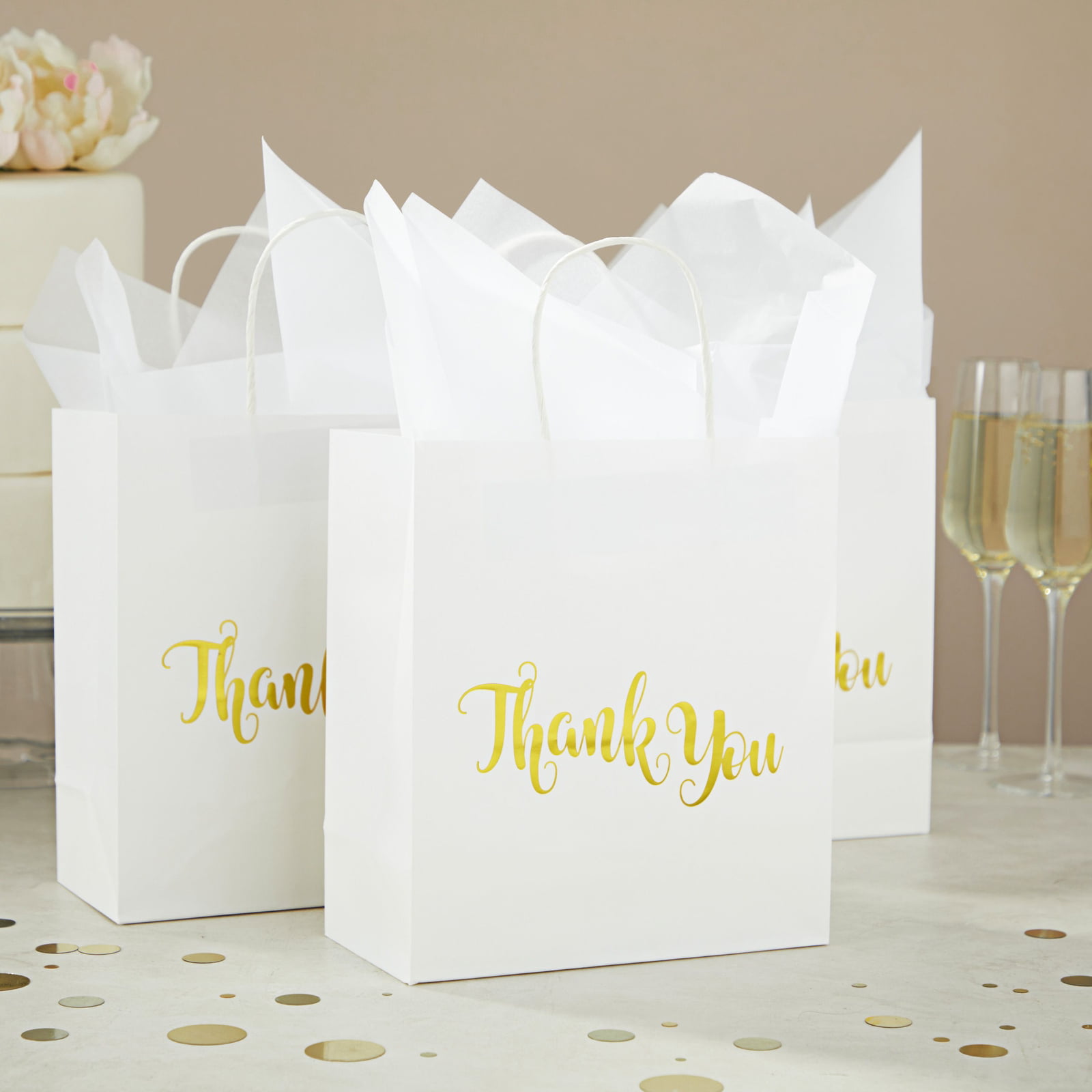 Wedding Favor MESHA 50pcs Thank You Gift Bags With Handles Bulk 8X4.75X10 Rose Design White Kraft Thank You Bags For Business small Retail Party Packaging Merchandise Baby Shower Boutique 