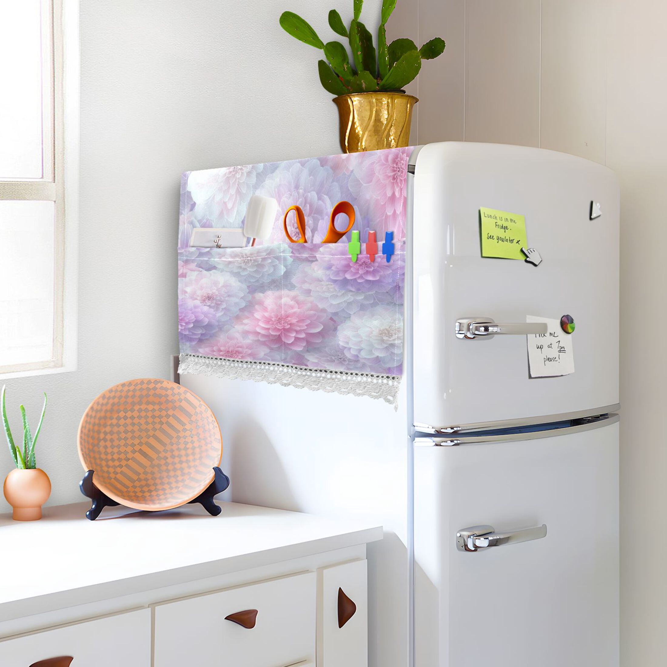 Dustproof Washing Machine Cloth Washer and Dryer Top Covers, Fridge Dust Cover, With Storage Bags Cute Pastel Watercolor Floral