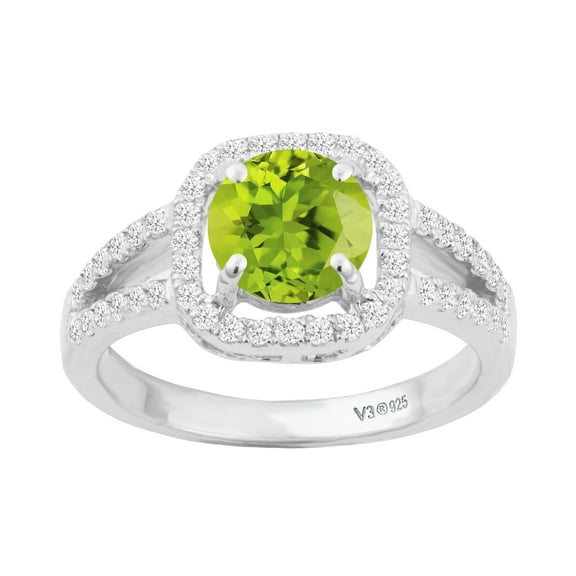 Sterling Silver with Natural Peridot and Genuine White Diamond Halo Ring