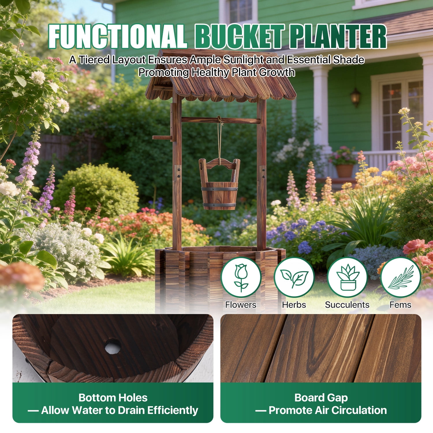 Cloddwell 25" Wooden Wishing Well Planter with Hanging Bucket, Drain Holes, Outdoor Garden Yard Decor Home