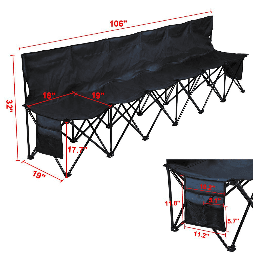 Renwick 6 Seats Portable Folding Bench for Sports Camping, Black