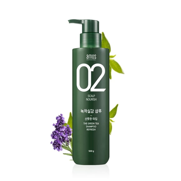 AMOS PROFESSIONAL Champú de té verde 17.6oz (500g) - Champú fresco para cuero cabelludo graso Champú antiadelgazamiento y antipérdida de cabello para el crecimiento y limpieza del exceso de sebo Marca
