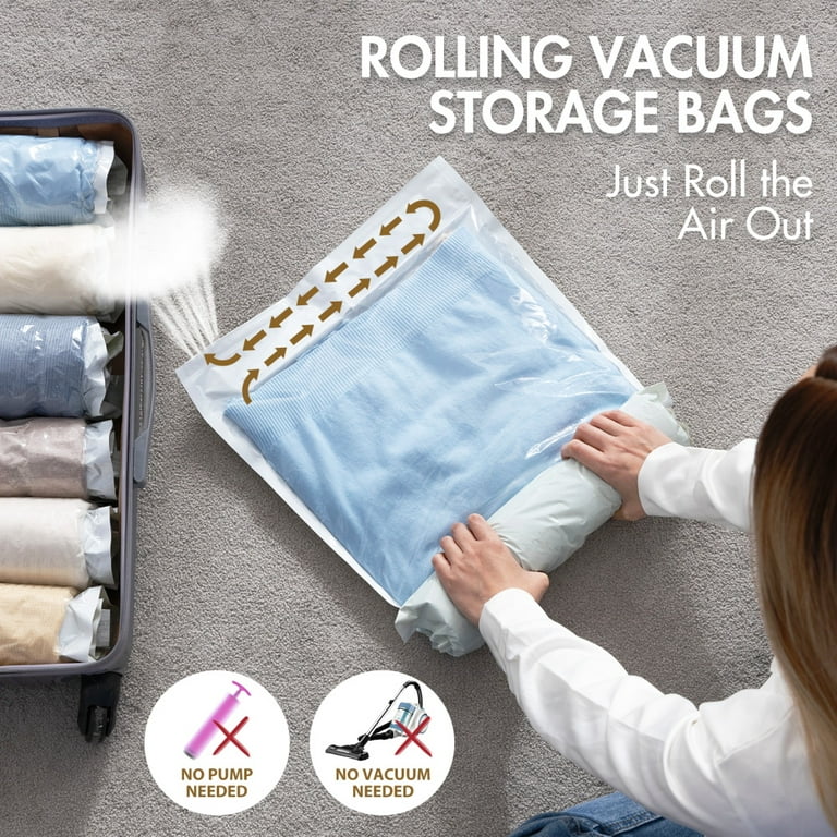 Reusable Travel Clothes Air Vacuum Bags Roll Up Compression Storage Bags  For Suitcases Tops Pants 4 Sizes Portable Foldable