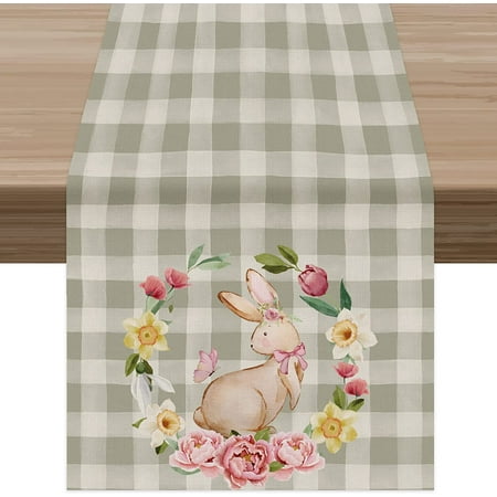 

JOOCAR Easter Table Runner Gray and White Plaid Garland Cute Rabbit and Butterfly 13x72 Inch Table Runner Suitable for Kitchen Dining Table Holiday Decoration