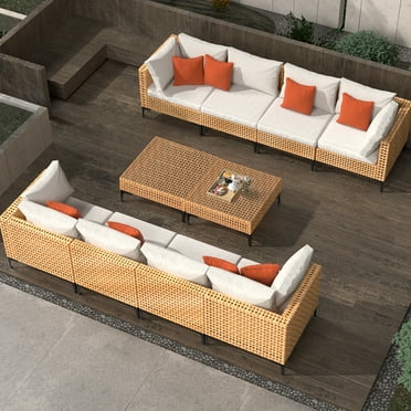10 Piece Outdoor Patio Furniture Set Modular Outdoor Furniture Set Wicker Outdoor Sectional Sofa with Cushions and Tea Table Patio Set for Balcony Porch Deck (Yellow Wicker, Beige Cushion)