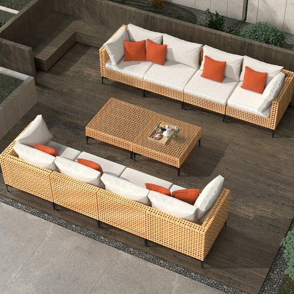 10 Piece Outdoor Patio Furniture Set Modular Outdoor Furniture Set Wicker Outdoor Sectional Sofa with Cushions and Tea Table Patio Set for Balcony Porch Deck (Yellow Wicker, Beige Cushion)