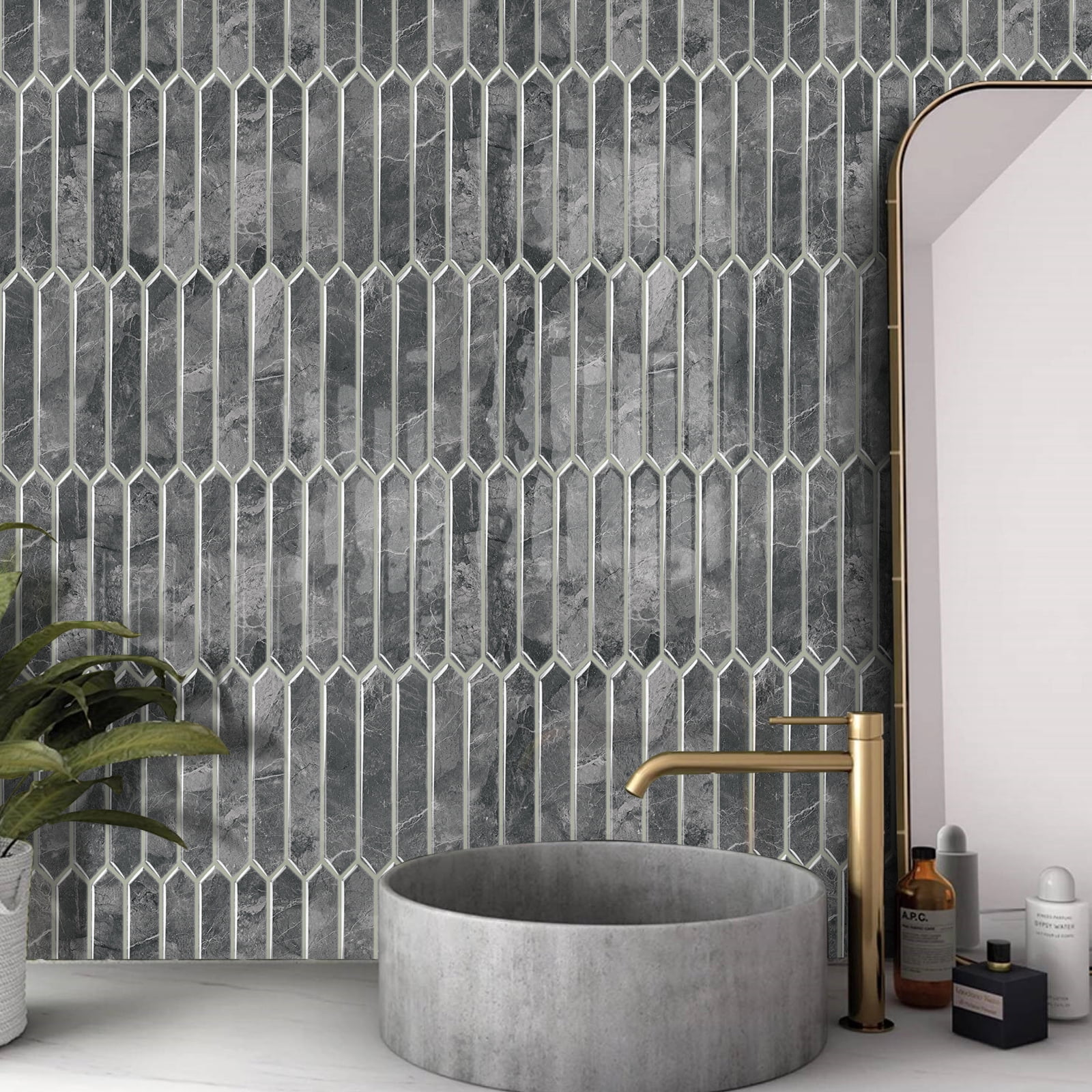 DEWOO Gray Long Hexagon Tile Peel and Stick Backsplash, 10 Sheets Self-Adhesive Wall Tiles Stick on Back Splash for Kitchen, Bathroom, Fireplace,RV(12"×12")