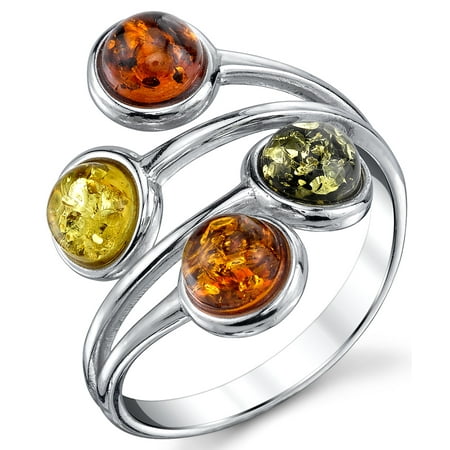 Sterling Silver Crystal Cherries Sterling Silver Baltic Amber Ring with Multi Color Cabochon, Cherry Honey Olive and Cognac Sizes 5 - 9 ()