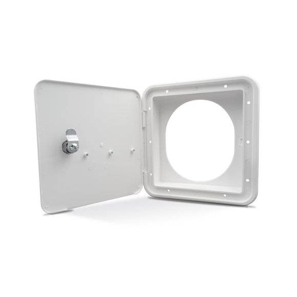B&B Molders Fuel Door 94304 6-7/8 Inch Height x 6-3/8 Inch Width Cutout Dimension; 5 Inch Oval Stretched To 6 Inch; Polar White; Key Alike Lock; UV And Impact Resistant; NSF/CSA/TEI Certified