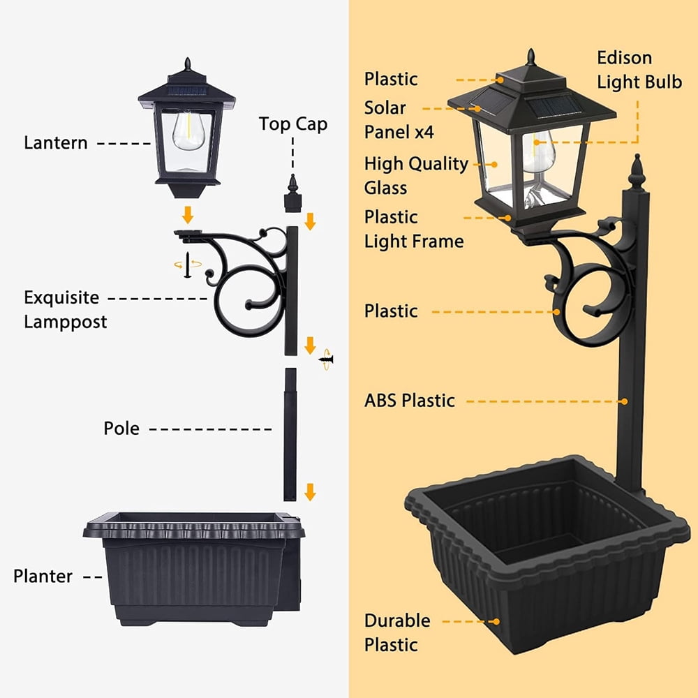 HOODINK 2 Pack Solar Lamp Post Light with Planter, 3000K Waterproof 2 in 1 Outdoor Flower Pots for Lawn