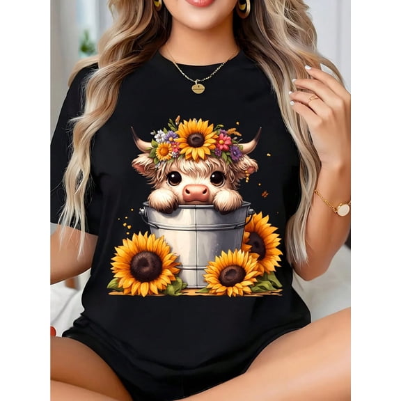 Cute Highland Cow In Bucket T-Shirt Sunflower Floral Crown Graphic Tee