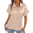 thumbnail image 1 of Blusa elegante de satén con puños enrollados para mujer: color liso, tejido lujoso, para el trabajo o para llevar de forma informal, tallas S-XXL, ligera y transpirable., 1 of 8
