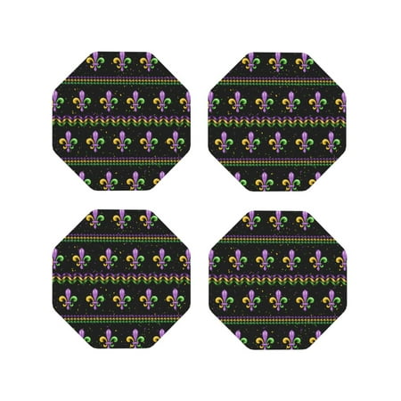 

Junzan Mardi Gras Fleur de Lis Print Coasters for Drinks - Leather Coasters Set of 4 for Coffee Table for Housewarming/Kitchen/Bar/Decor-Octagon