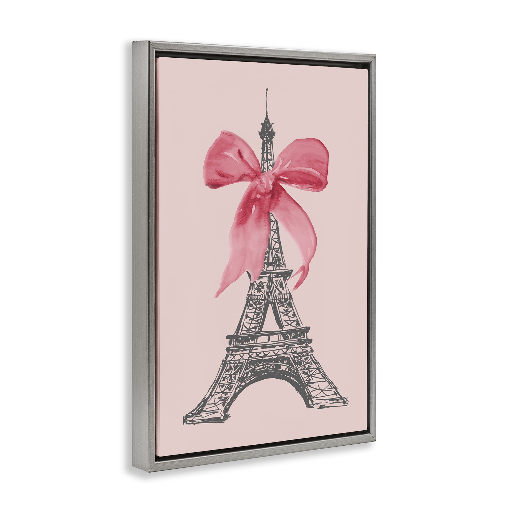 Stupell Industries Pink Bow on Eiffel Tower Buildings & Architecture Painting Gray Floater Framed Canvas Art Print Wall Art, 21 x 31