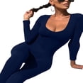 thumbnail image 2 of Women Long Jumpsuit Solid Color Long Sleeve U Neck Slim Bodysuit, 2 of 7
