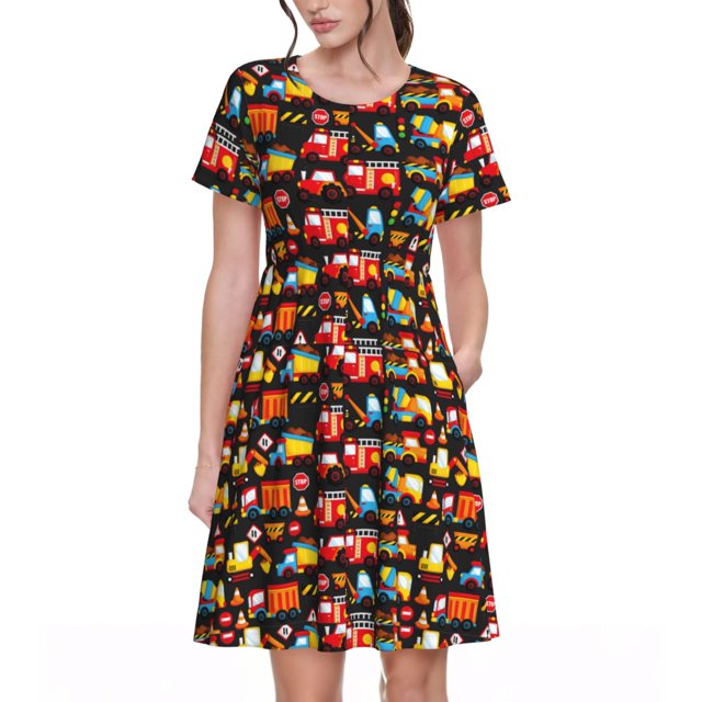 Easygdp Construction Truck para Vestido Transpirable de Mujer, Vestido Suelto de Manga Corta con Pliegues y Bolsillos para el Verano