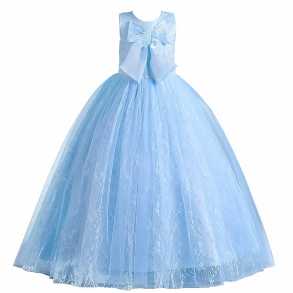 USNSM Children Baby Girls Casual Fashion Soft Comfy Sleeveless Lace Bow Mesh Dress Gauze Dress Princess Dress Blue 11-12 Years