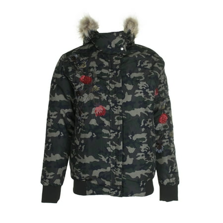 American Rag Juniors Green Black Embroidered Camo-Print Faux Fur Puffer Jacket M