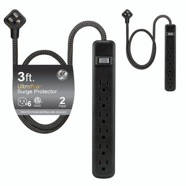 General Electric 74544-RF1 3ft 6-Outlet Surge Protector Power Strip, Black, Pack of 2