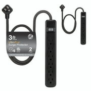 GE 3ft 6-Outlet Surge Protector Power Strip, Black, Two-Pack