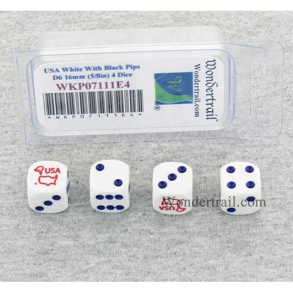USA Country Dice White Opaque with Black Pips D6 16mm (5/8in) Pack of 4 Wondertrail