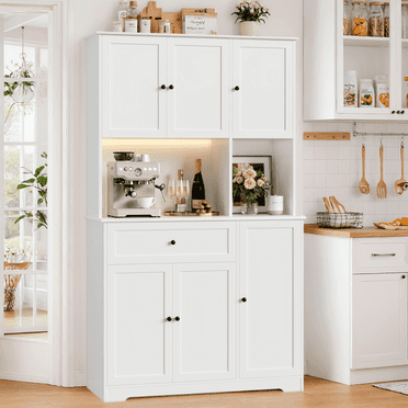 Hiphuta 71" Kitchen Pantry with 7-Color LED Light and Charging Station, Tall Pantry Cabinet with Microwave Stand, Modern Freestanding Hutch with Storage Drawer for Dining Room, White