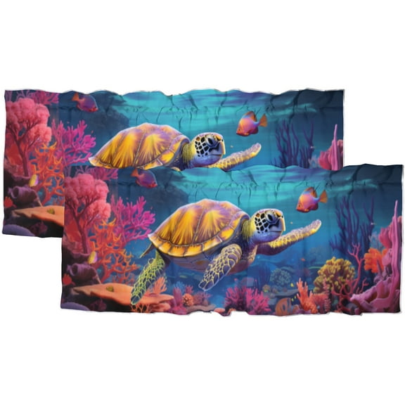 Sea Turtle Kitchen Window Curtain Valance Ocean Animals Underwater Colorful Marine Life Coral Tropical Fish Window Valance for Bedroom Bathroom Living Room Dining Room 54 by 18 in, 2 Panel